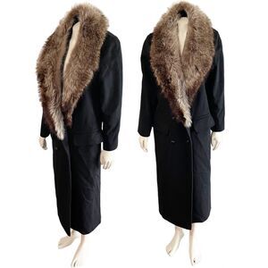 Worumbo Fashions By Jill Black Pure Wool Pea Coat Racoon Fur Vintage Sz 10